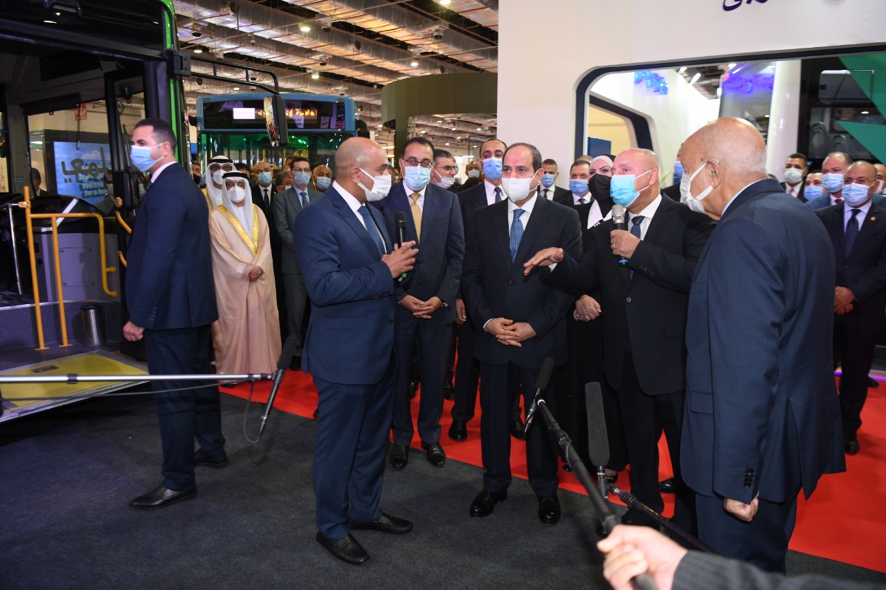 President Abdel-Fattah al-Sisi inside Geyushi Automotive industry pavilion during the inauguration of the fourth edition of TRANSMEA 2021